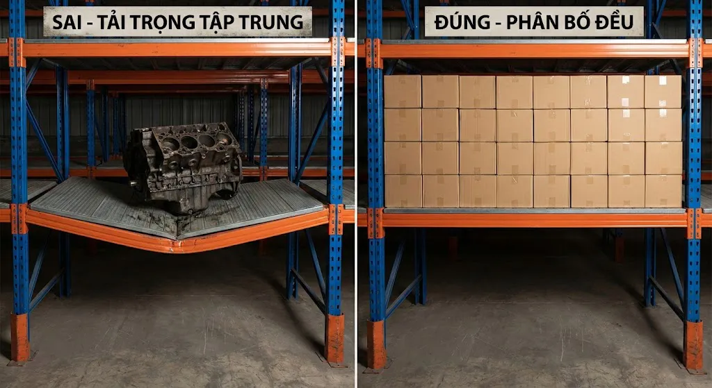 Hình ảnh minh họa so sánh việc xếp hàng hóa phân bố đều vs tập trung một điểm