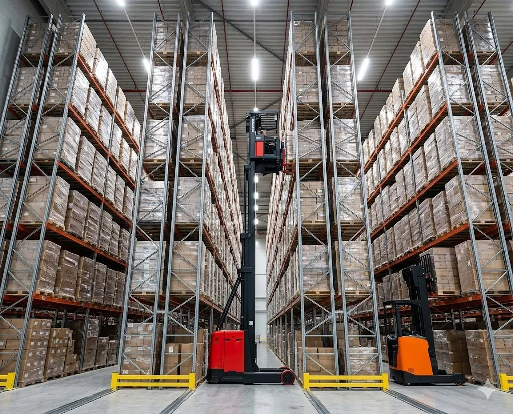 Hình ảnh so sánh trực quan hoạt động trong kho bãi trần cao hiện đại: một xe nâng VNA màu đỏ chuyên dụng đang làm việc ở trên cao trong lối đi siêu hẹp, tương phản với xe nâng Reach Truck màu cam ở lối đi rộng hơn bên cạnh. Cảnh quan kho với hàng ngàn pallet hàng hóa minh họa cho chủ đề so sánh các giải pháp kệ VNA và kệ Double Deep cho kho cao tầng.