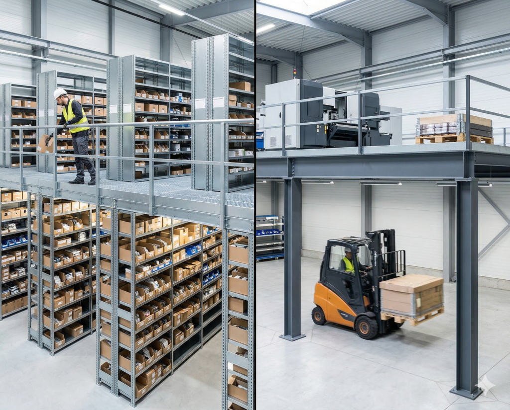 Hình ảnh so sánh trực quan giữa hệ thống Kệ sàn (Rack-Supported Mezzanine) bên trái với nhiều chân trụ kệ xen kẽ và Sàn thép (Structural Steel Mezzanine) bên phải có gầm rộng rãi không vướng víu cho xe nâng.