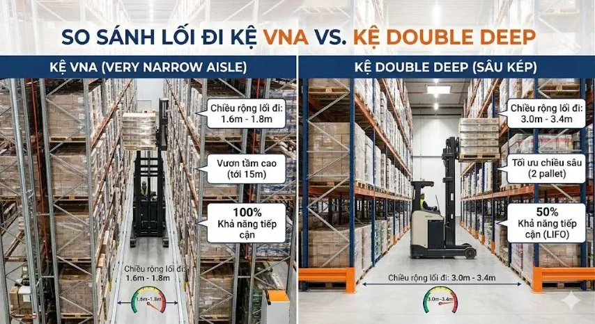 So sánh lối đi kệ VNA và kệ Double Deep