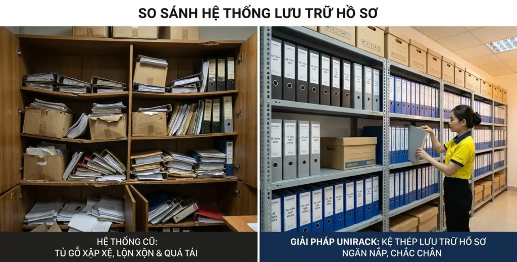 So sánh tủ gỗ và kệ thép lưu trữ hồ sơ