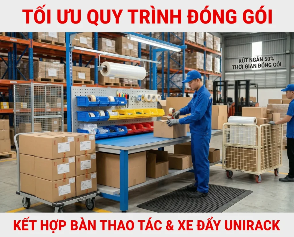 Hình ảnh đại diện tổng quan bố cục một trạm đóng gói công nghiệp Unirack hiện đại, cho thấy sự kết hợp đồng bộ giữa bàn thao tác chuyên dụng và hai loại xe đẩy hàng (xe đẩy hàng 4 bánh đầy hộp và xe đẩy lồng thép chứa vật tư). Một công nhân đang đóng gói phía sau hệ thống kệ pallet kho xưởng.