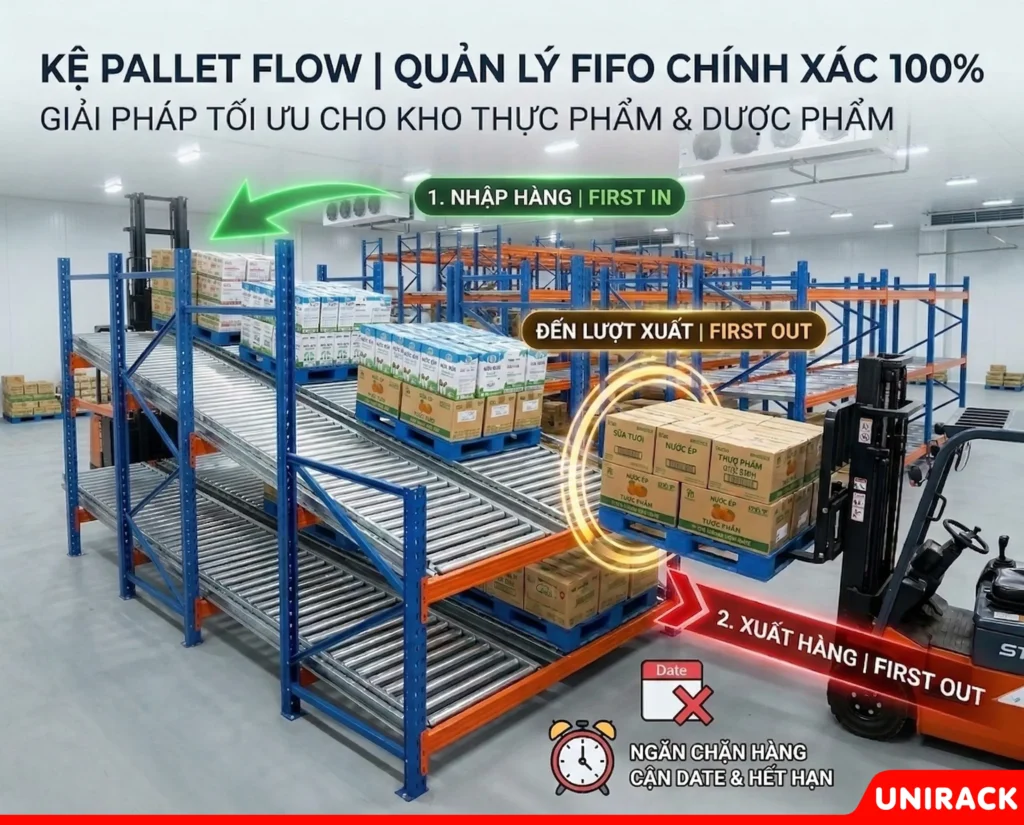 Hệ thống kệ Pallet Flow Unirack vận hành theo nguyên lý trượt trọng lực giúp quản lý kho thực phẩm theo tiêu chuẩn FIFO nhập trước xuất trước