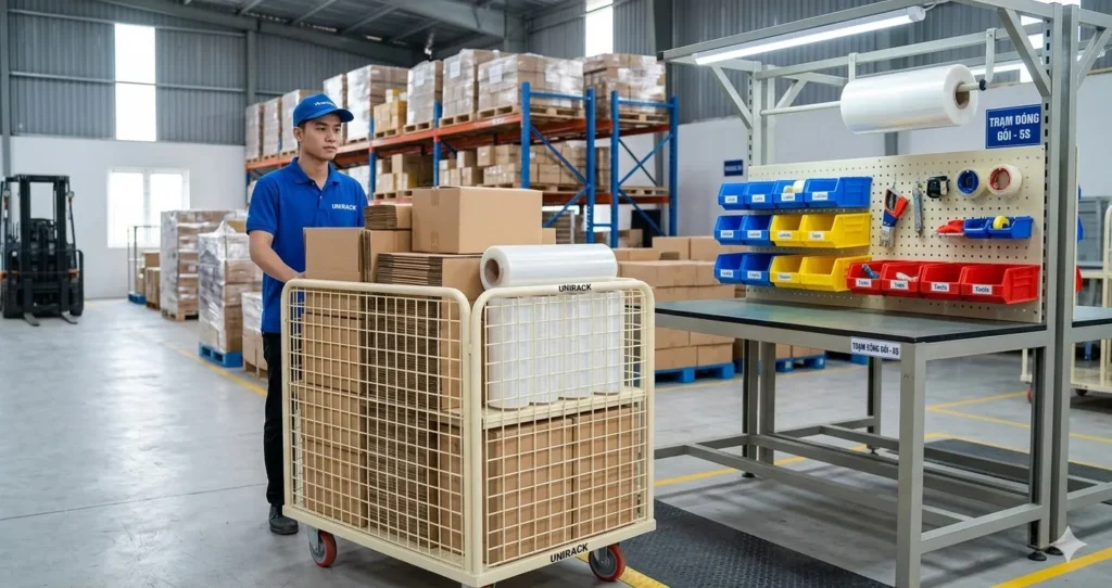 Xe đẩy lồng thép tiếp liệu nhanh chóng cho trạm đóng gói