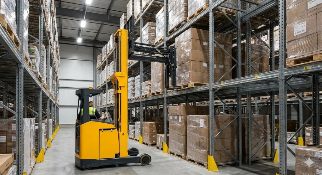 Xe nâng reach truck kệ double deep