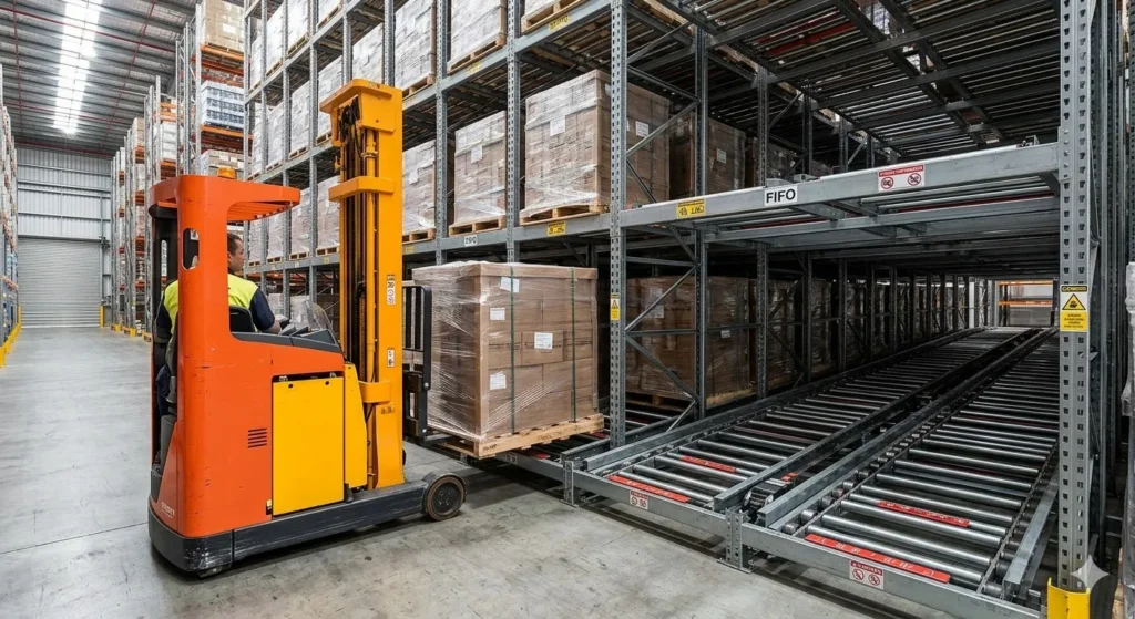Hoạt động của kệ Pallet Flow