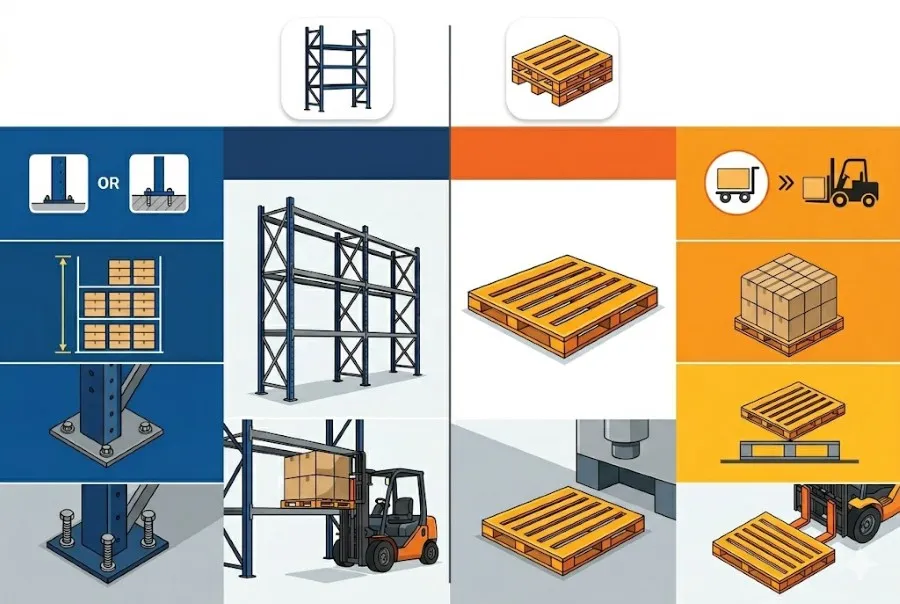 Infographic phân biệt hệ thống giá đỡ cố định và đế nâng hàng