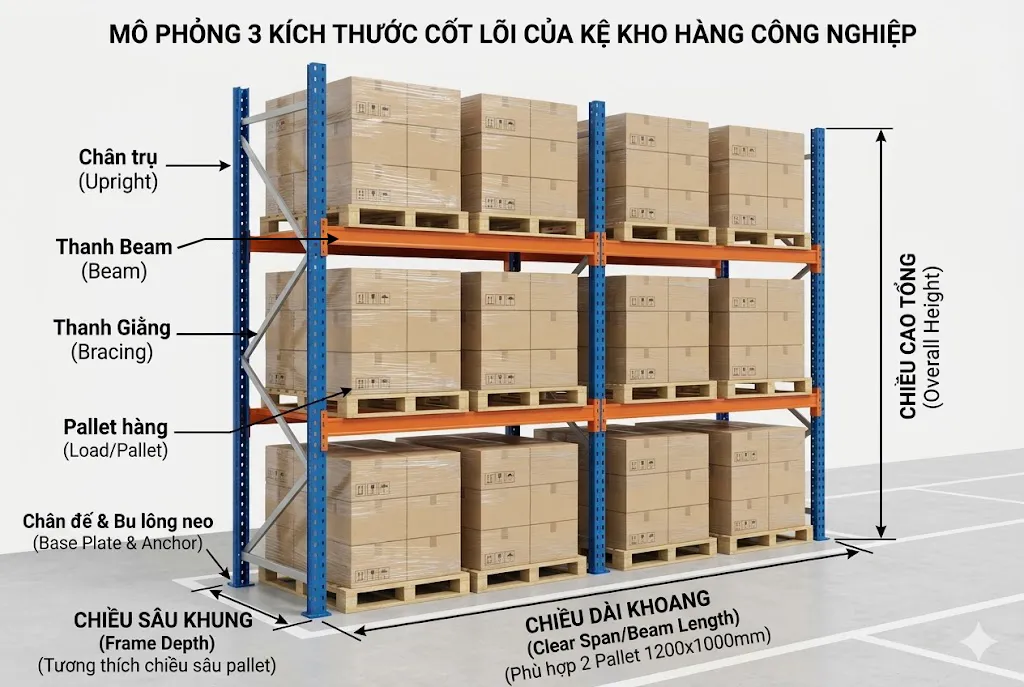 Bản vẽ mô phỏng 3 chiều kích thước kệ kho hàng tiêu chuẩn