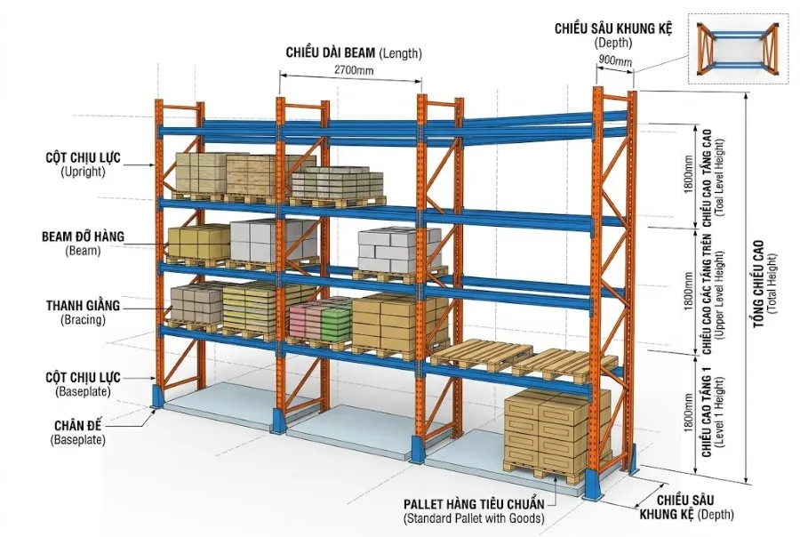 Bản vẽ kích thước kệ sắt pallet tiêu chuẩn