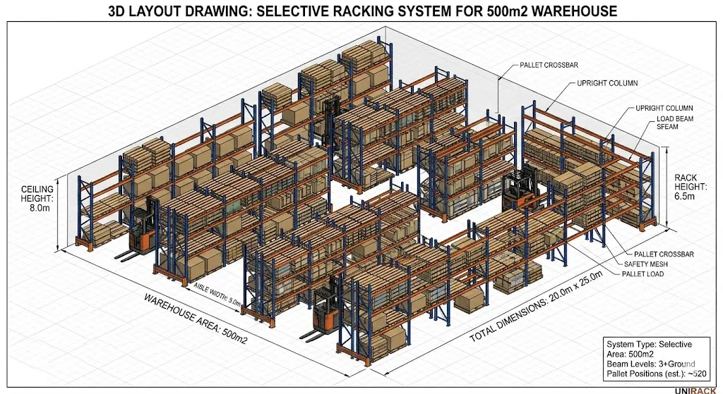 Bản vẽ layout 3D kệ kho hàng 500m2