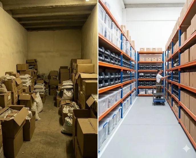 Hình ảnh so sánh trước và sau khi tối ưu hóa bố trí kho hàng nhỏ dưới 100m2 bằng hệ thống kệ trung tải đa tầng. Một bên là cảnh kho lộn xộn với hàng hóa chất đống, bên kia là kho hàng được sắp xếp ngăn nắp, lối đi thông thoáng và nhân viên đang làm việc thuận tiện.