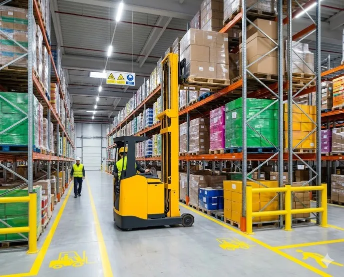 Tổng quan không gian kho hàng công nghiệp với hệ thống kệ sắt pallet và lối đi được bố trí chuẩn xác, vạch kẻ rõ ràng giúp xe nâng vận hành an toàn và tối ưu hiệu suất.