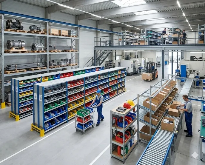 Hệ thống kệ kho công nghiệp hiện đại kết hợp kệ Selective và kệ trung tải giúp tối ưu diện tích và quản lý vật tư hiệu quả cho nhà máy sản xuất.