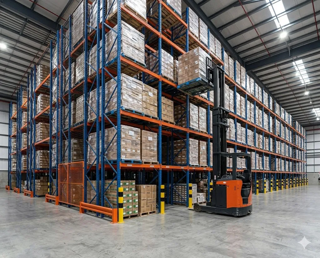 Hệ thống kệ kho hàng công nghiệp hiện đại quy mô 500m2 - 1000m2 với xe nâng chuyên dụng đang vận hành.