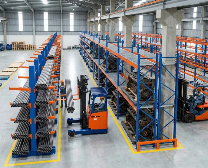 Hệ thống kệ kho công nghiệp tải trọng nặng lưu trữ ống thép dài và thiết bị cơ khí cồng kềnh trong nhà xưởng hiện đại