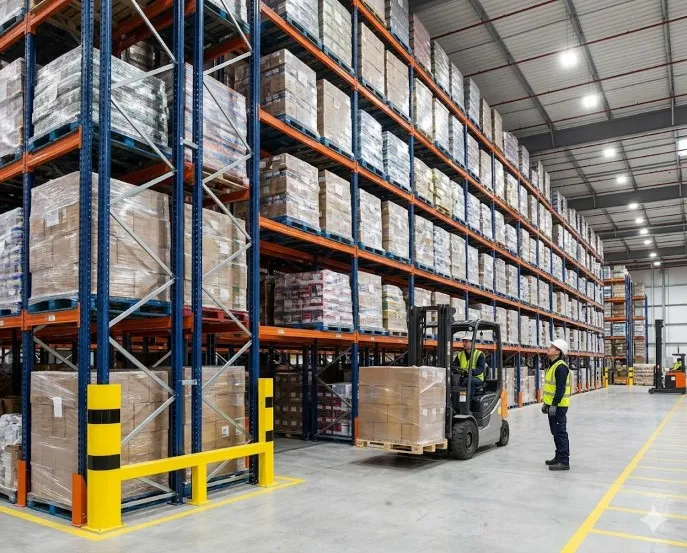 Một hệ thống kệ kho công nghiệp hạng nặng Selective cao tầng với cột xanh và thanh dầm cam, lưu trữ kín các pallet hàng hóa được đóng gói màng co. Một xe nâng đang vận hành để nâng một pallet, trong khi một nhân viên an toàn đứng quan sát. Vạch sơn nền và bảo vệ chân trụ màu vàng được bố trí rõ ràng trong nhà kho logistics hiện đại.