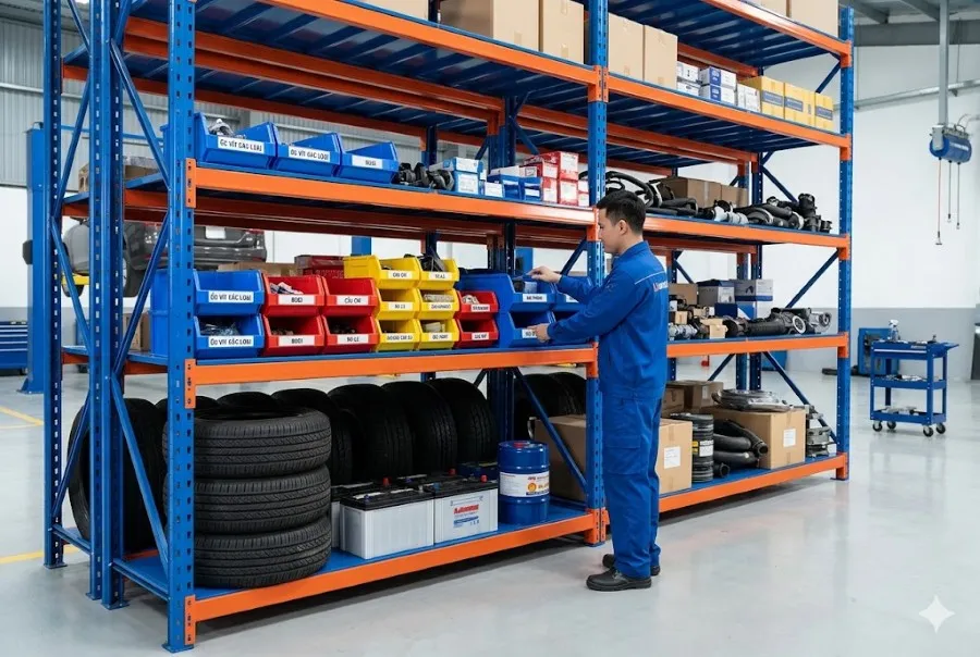 Kệ trung tải chứa phụ tùng kết hợp khay nhựa đựng phụ tùng gara