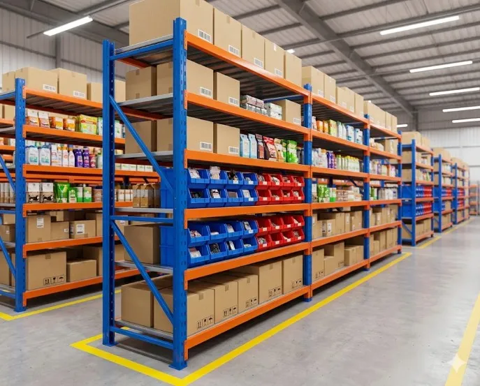 Hệ thống kệ trung tải màu xanh cam tối ưu không gian lưu trữ cho kho hàng thương mại điện tử Shopee và TikTok Shop.