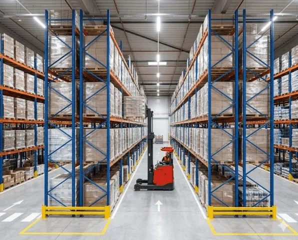 Hệ thống kệ Selective tải trọng nặng được bố trí tối ưu diện tích, thể hiện rõ kích thước kệ kho hàng tiêu chuẩn và không gian lối đi xe nâng an toàn.