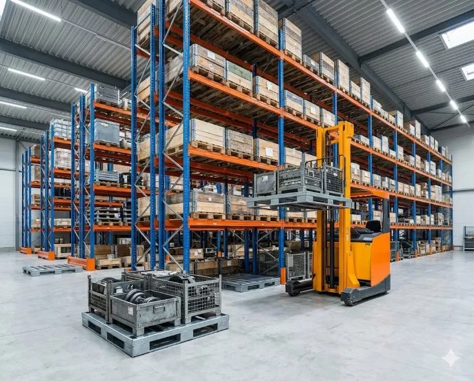 Hình ảnh thực tế giúp phân biệt kệ sắt pallet và pallet sắt (pallet thép) trong kho hàng công nghiệp.