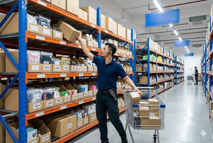 Nhan vien nhat hang tren ke trung tai kho E-commerce