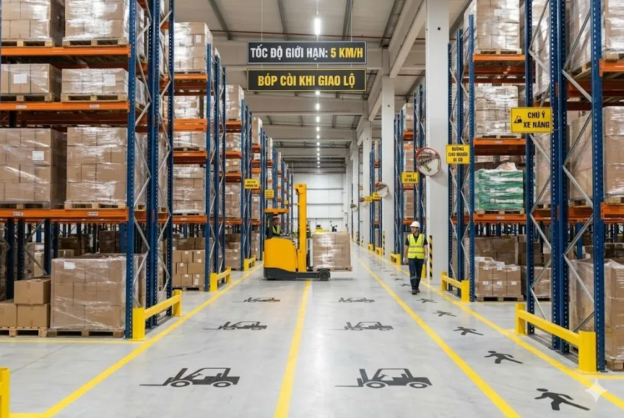 Vạch kẻ lối đi an toàn trong hệ thống kệ sắt pallet