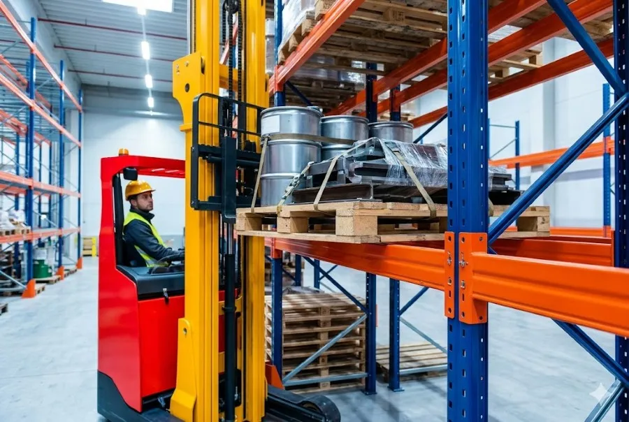 xe nâng đưa hàng lên kệ pallet