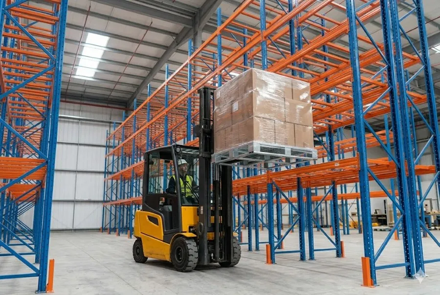 Xe nâng đưa pallet thép lên kệ lưu trữ