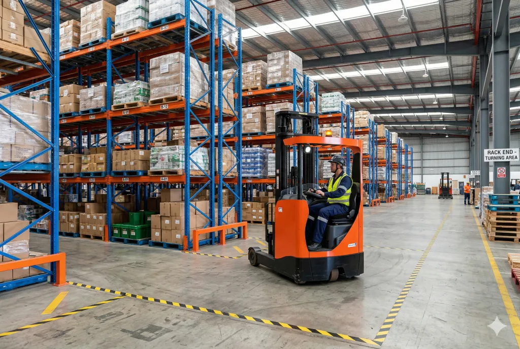 Xe nâng quay đầu an toàn tại khu vực đầu dãy kệ kho hàng