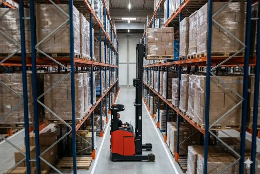 Xe nâng Reach truck hoạt động trong lối đi kệ pallet hẹp