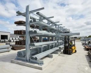 Xe nâng đang bốc xếp ống thép lên hệ thống kệ kho công nghiệp mạ kẽm nhúng nóng lưu trữ ngoài trời.