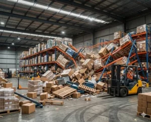 Hậu quả nghiêm trọng khi hệ thống kệ kho công nghiệp nhanh xuống cấp dẫn đến sập đổ hàng loạt.