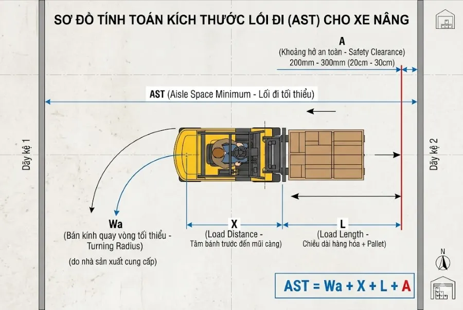 Sơ đồ tính toán AST khoảng cách giữa 2 dãy kệ kho hàng