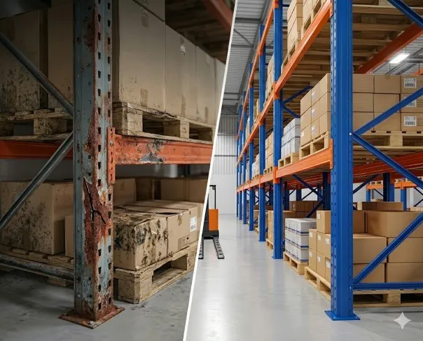 Hình ảnh so sánh chân trụ kệ kho hàng bị rỉ sét ăn mòn và sau khi được Unirack xử lý, sơn lại như mới.