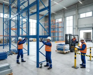 Đội ngũ kỹ thuật Unirack đang tháo lắp và lắp đặt hệ thống kệ kho công nghiệp hạng nặng bằng súng bắn bu-lông chuyên dụng, đảm bảo an toàn tuyệt đối.
