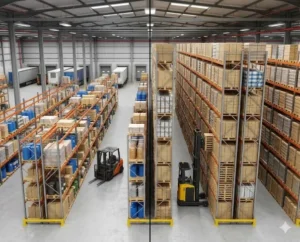 Hình ảnh 3D so sánh giải pháp tăng 200% mật độ lưu trữ và tối ưu diện tích bằng hệ thống kệ kho công nghiệp