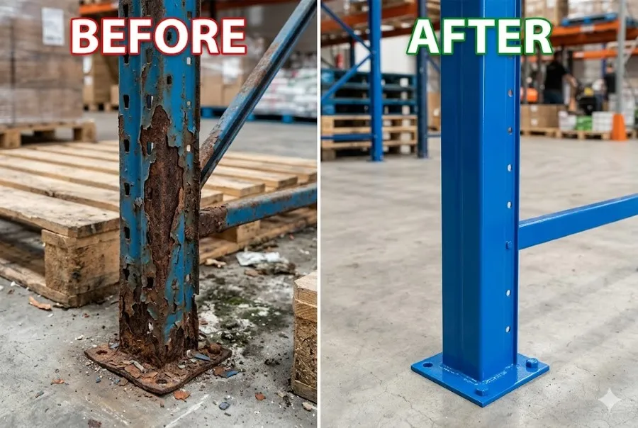 Xử lý rỉ sét chân trụ kệ kho hàng