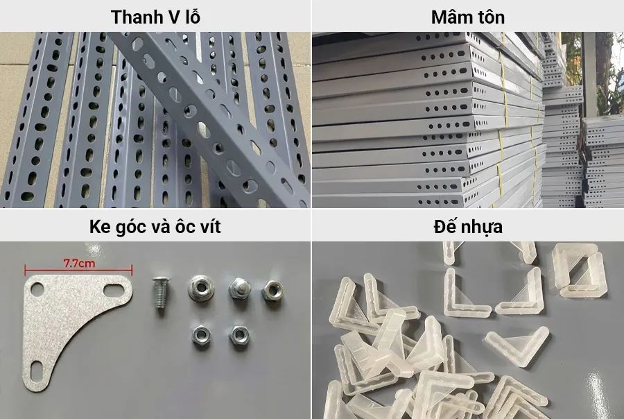 Cận cảnh thanh V lỗ, ke góc dày dặn, mâm tole chấn gấp mép và bu-lông mạ kẽm