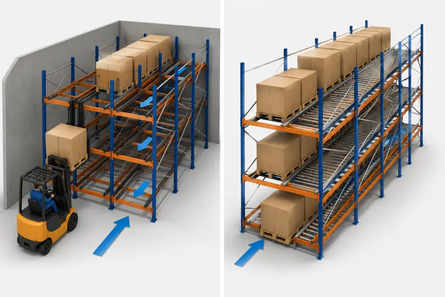 Cơ chế hoạt động của kệ Push Back và kệ Pallet Flow