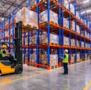 Hệ thống kệ kho công nghiệp tại Đồng Nai trong nhà xưởng hiện đại với xe nâng vận hành hàng hóa
