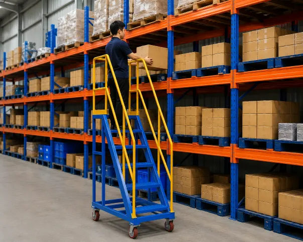 Xe thang di động Unirack giúp nhân viên lấy hàng an toàn trên hệ thống kệ kho trung tải và kệ shelving