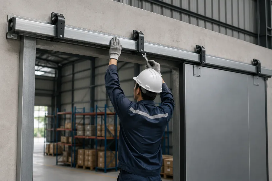 Thi công lắp đặt cửa lùa nhà xưởng giảm chấn Unirack