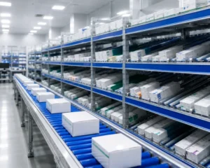 Băng tải con lăn nhựa PVC kết hợp kệ Carton Flow trong kho dược phẩm