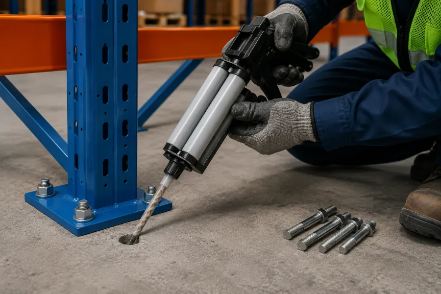 Khoan cấy bu lông hóa chất trong quy trình xử lý chân đế Baseplate chống lún