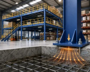 Hệ thống sàn nhiều tầng trong nhà xưởng với cột thép, bản mã chân đế và nền bê tông chịu tải được thiết kế đảm bảo an toàn tải trọng móng