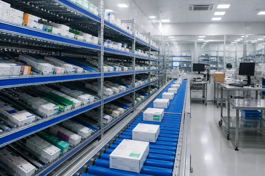 Ứng dụng băng tải con lăn nhựa PVC trong kho dược phẩm