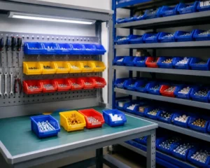 Hộp nhựa phụ tùng kết hợp bảng đục lỗ và kệ Shelving giúp phân loại linh kiện theo tiêu chuẩn 5S