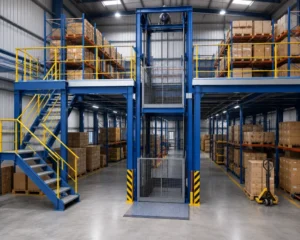 Vận thăng nâng hàng tích hợp vào hệ thống kệ sàn nhiều tầng trong kho công nghiệp