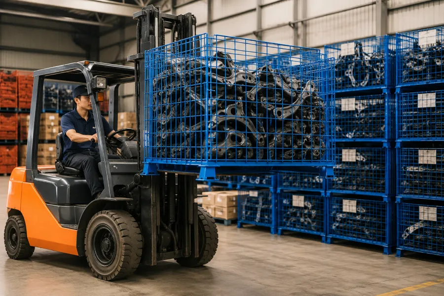 Ứng dụng pallet lưới xếp chồng chứa phụ tùng ô tô