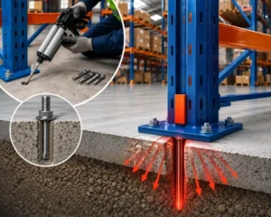 Xử lý chân đế Baseplate chống lún cho kệ tải trọng nặng trên nền bê tông nhà xưởng yếu bằng bu lông hóa chất và bản mã phân tải